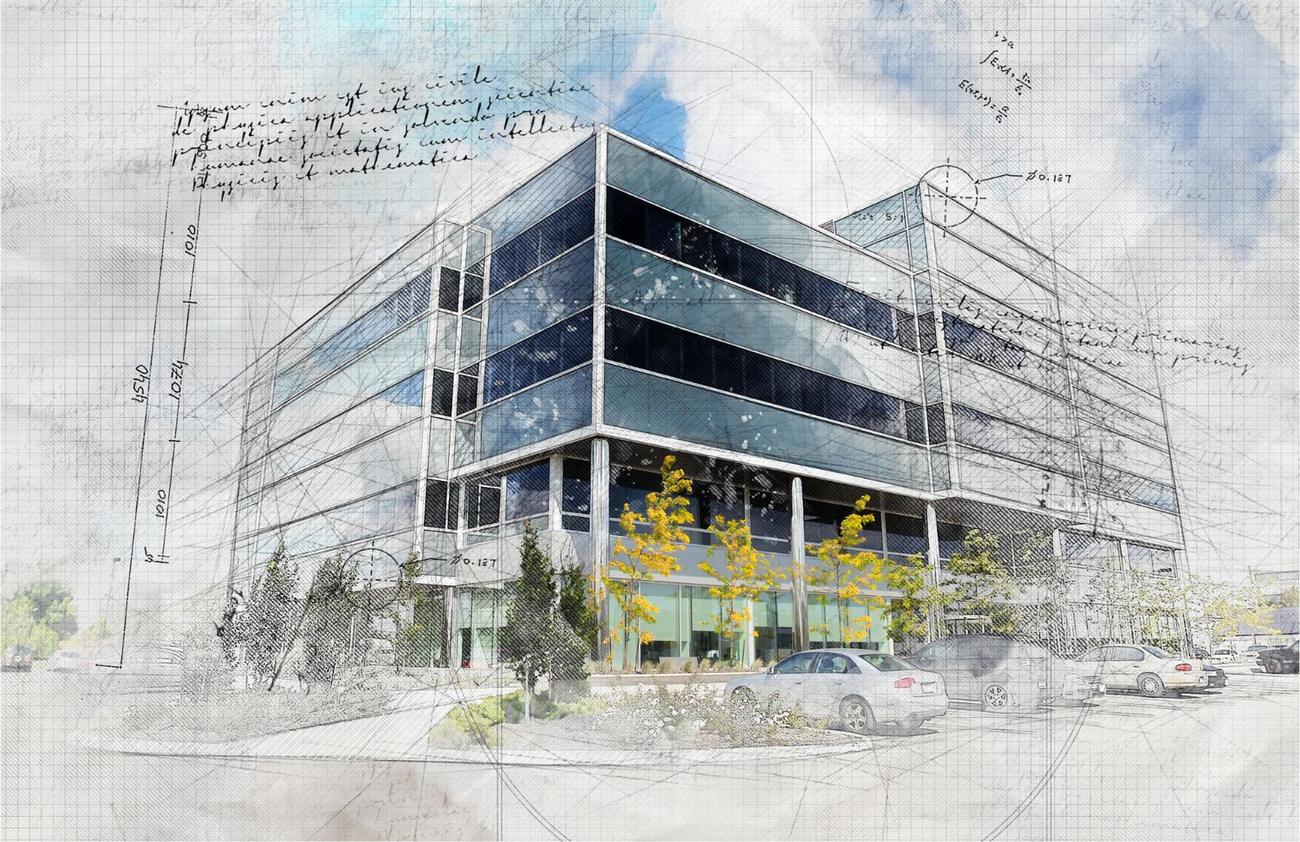 Building design developed from sketch to completed structure