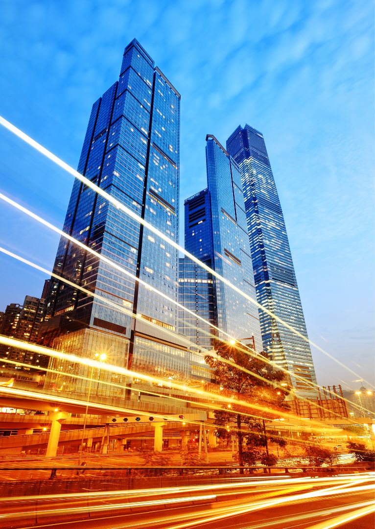 High-rise towers at dusk